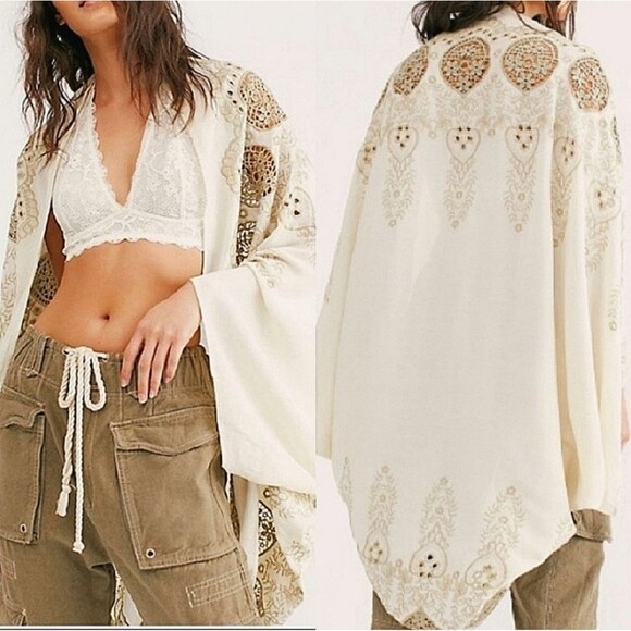 Free People Catania Embroidered Eyelet Kimono One Size - Picture 1 of 8
